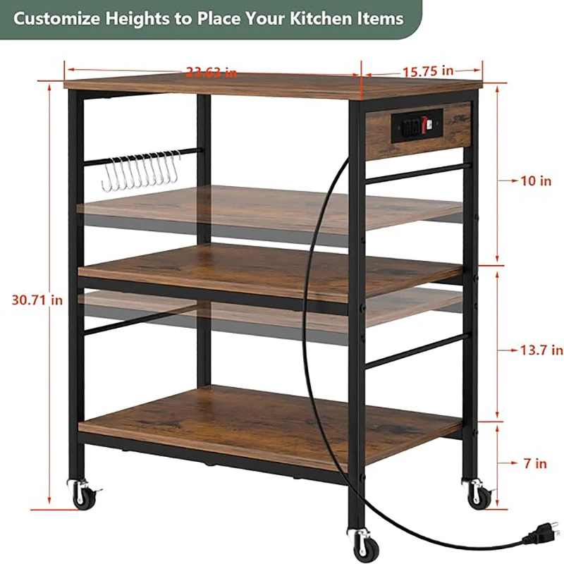 Bakers Rack with Power Outlet Microwave Stand Cart 3 Tier Coffee Bar Table Kitchen Storage Shelf Rack with 10 S-Shaped Hooks