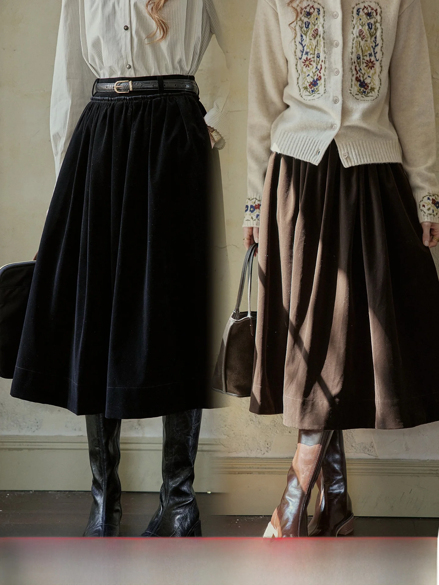 

C.PAIA Velvet High Waist A-Line Skirt Vintage Full Skirt High Waist Slimming f-length Skirt Casual Warm Fitted Zipper