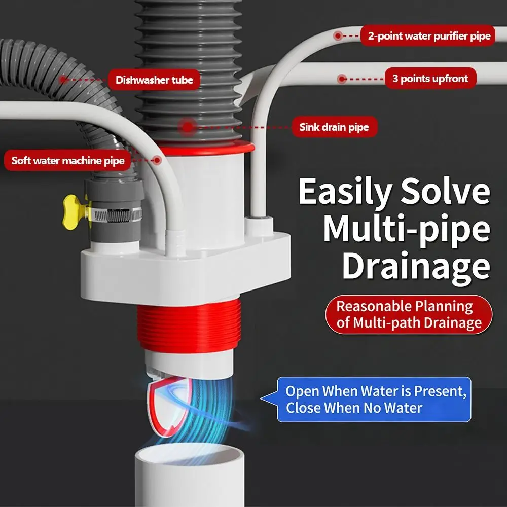 Plastic Kitchen Pipe Connector Odor-Proof Space-Saving Multi-port Drainpipe Joints 5 in 1 Multi-Functional