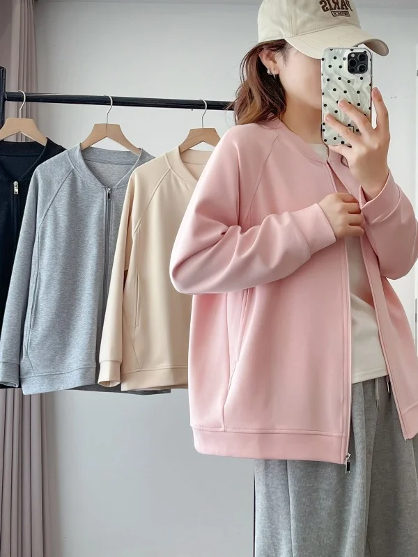 plus Size Sporty Zippered Long Sleeve Sweatshirt Open Cardigan Loose Baseball Jacket Women's Autumn Fashion Casual Outerwear