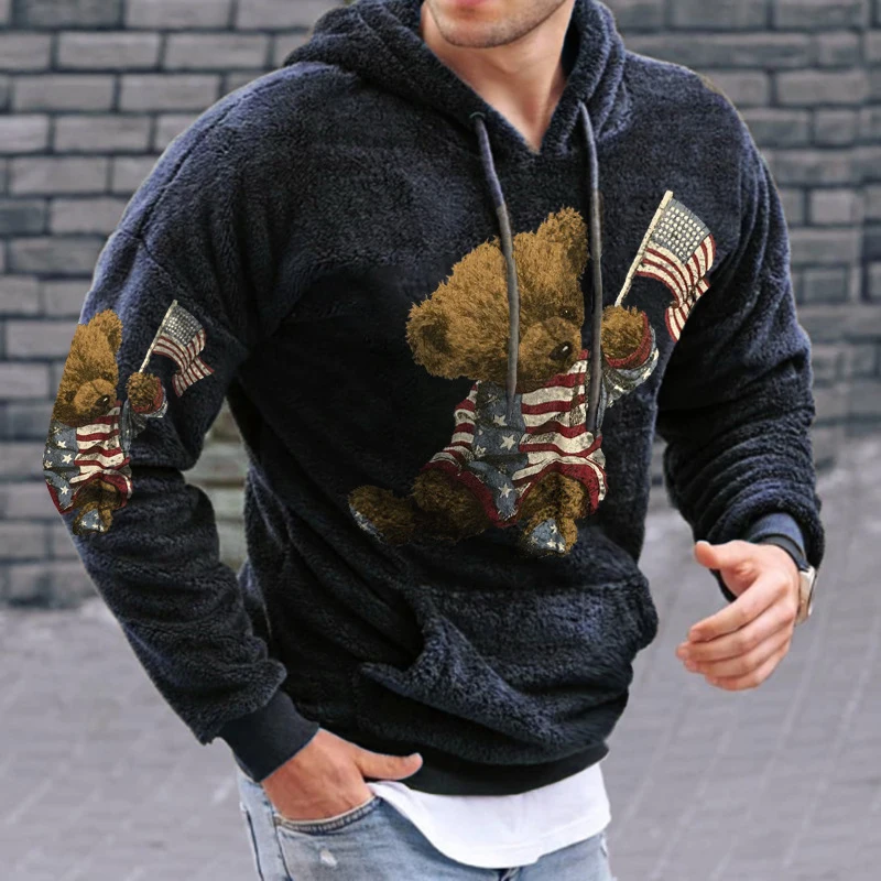 Fashion Fleece Hooded Sweatshirt Mens Vintage Embroidery Bears Hoodie Men Fall Winter Warm Wool Hoodies Casual Men's Streetwear