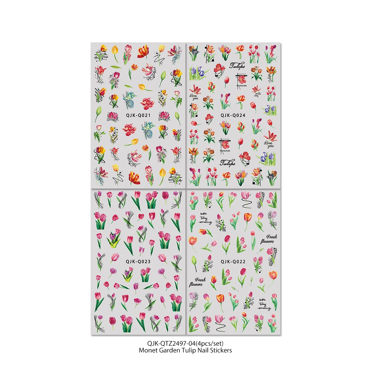 4Pcs Monet Garden Tulip Nail Stickers, Watercolor Style Multicolor Floral Decals, Pink Red Yellow Flower Nail Art, DIY Manicure