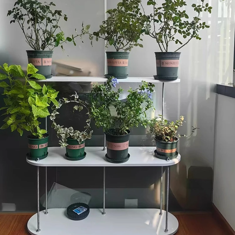 

Solid Wood Balcony Storage Rack Multi-Tier Shelf Floor Standing Plant Stand with Stainless Steel Iron Art for Living Room