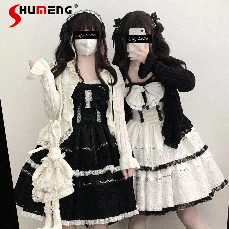 

Japanese Rojita Sweet Lace Sleeveless Dress Daily Wear Black And White Big Bow Lolita Suspender Vestidos For Women's Clothing