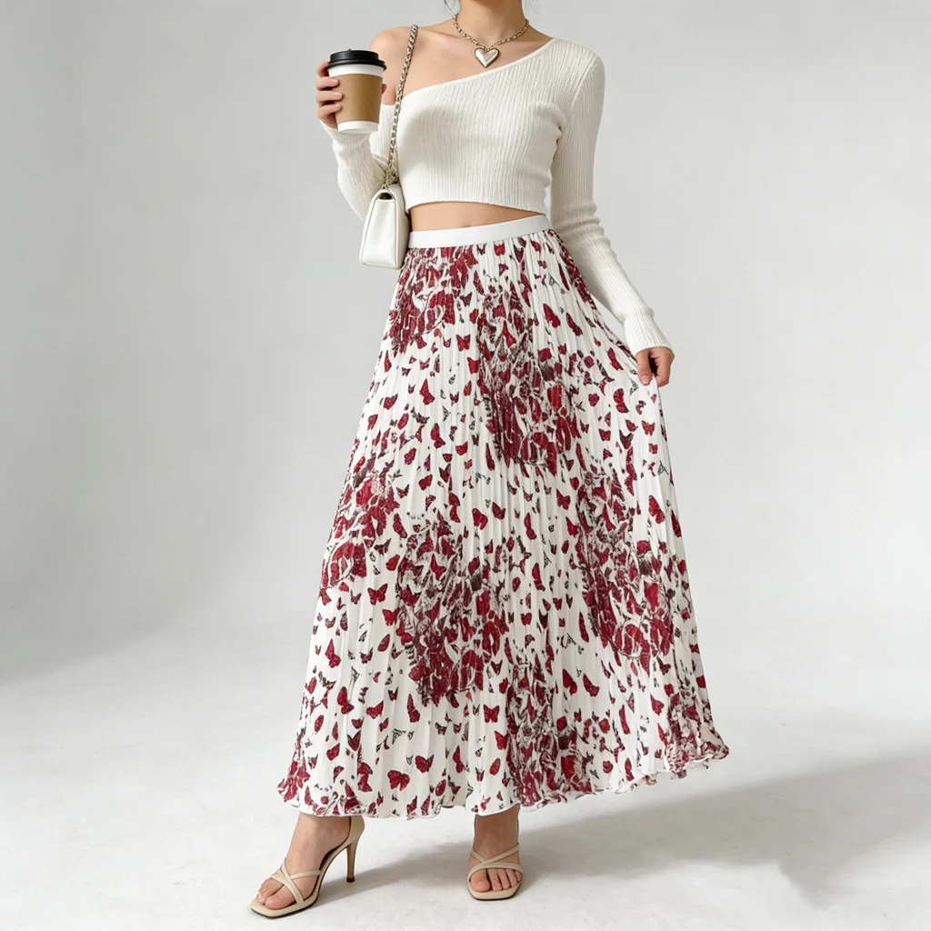 Boho Flower Pleated Long Skirt Women Summer Elastic High Waist Fashion Office Ladies Work Party Beach Maxi Skirt