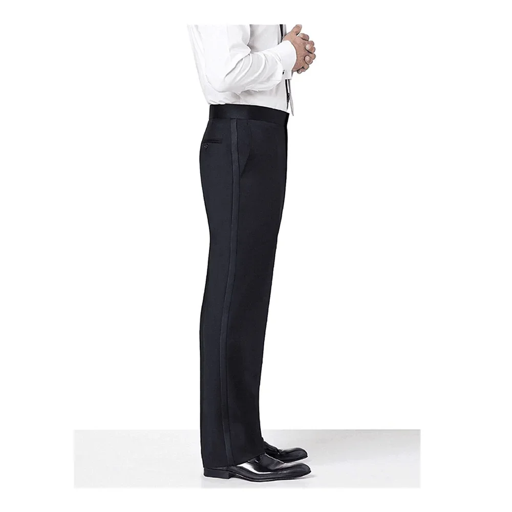 Black Men\'s Suit Pants with Satin Stripe Straight Long Classic Business Male Business Formal Trousers for Wedding Party