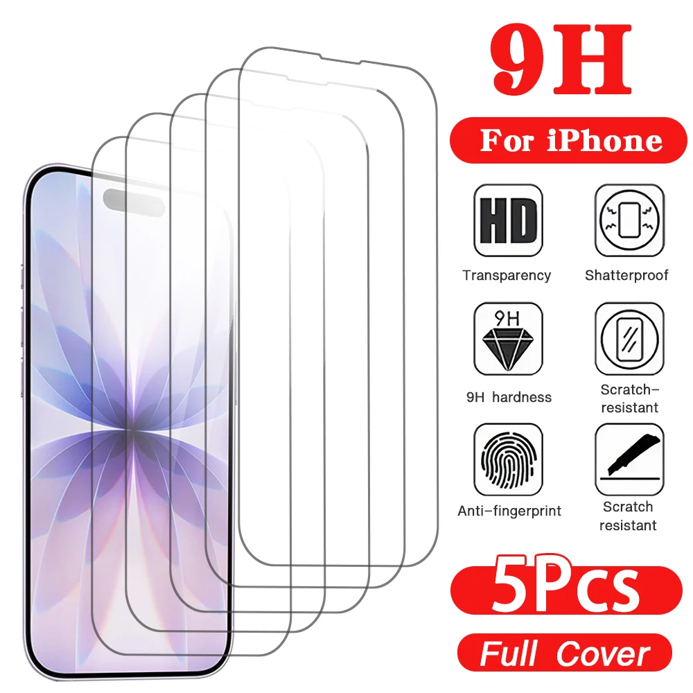5pcs Tempered Glass For iphone 17 Pro Max Air 16 16e 15 14 13 12 11 6 7 8 Plus Mini X Xr Xs Max Protective Glass For iPhone 17