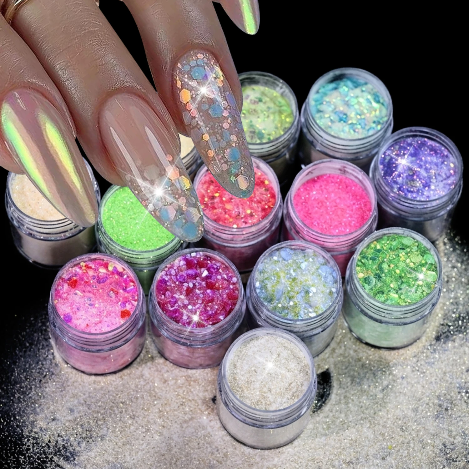 13Jars Iridescent Mixed Nail Glitter Flakes Sparkly Chunky Sequins Nails Powder for DIY Manicure Salon Holiday Party Deorations