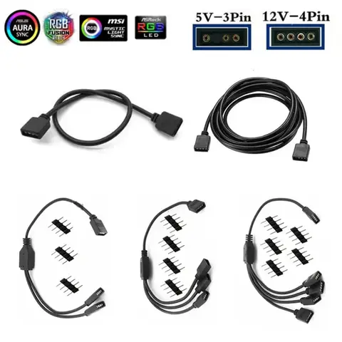RGB Connector 3PIN 4PIN 1 To 1 2 3 Wire Splitter Extension Cable Hub Splitter for PC RGB Fan Cooler AURA RGB LED Light Black
