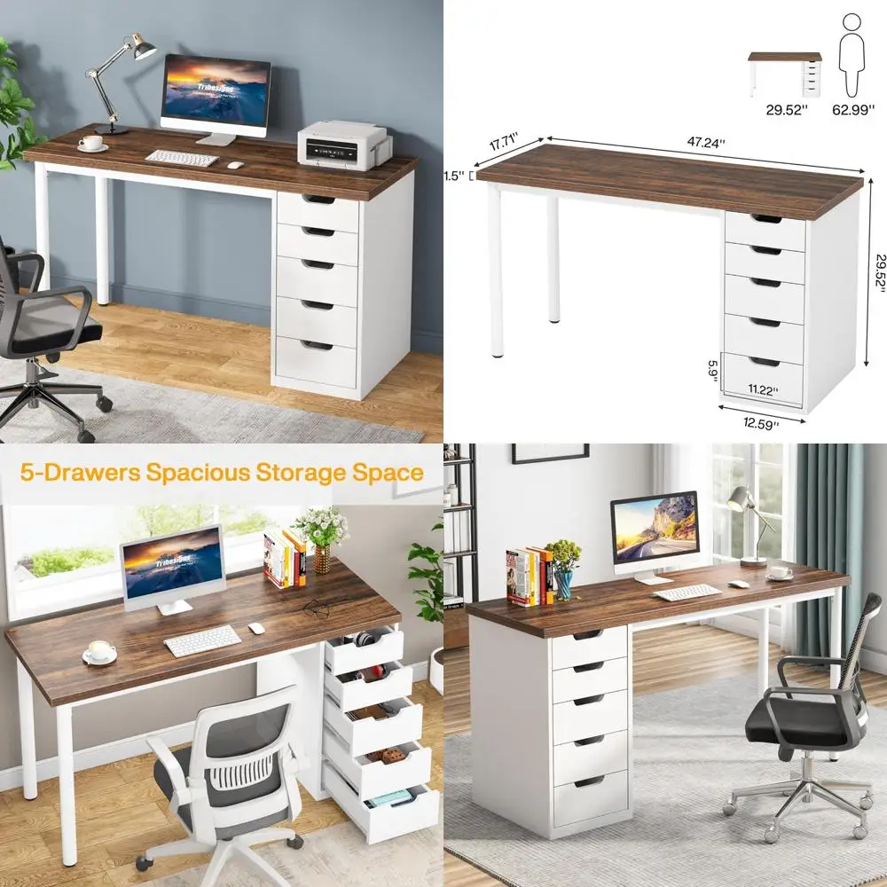 

Rustic Brown 47 Home Office Desk with 5 Drawers for Modern Laptop Study and Storage