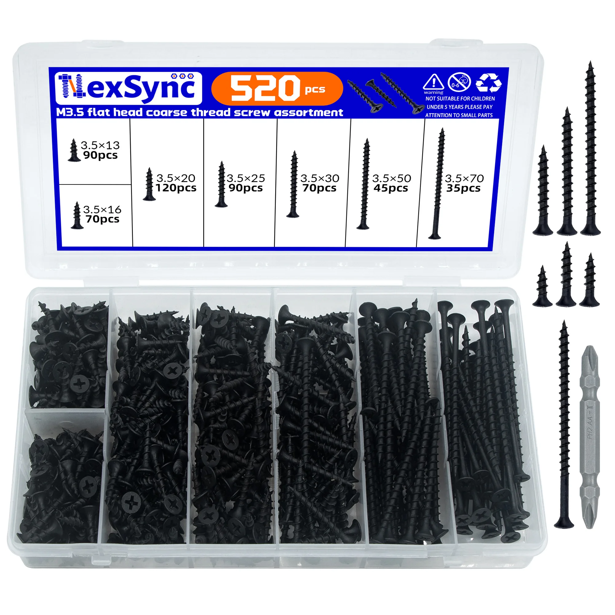 520Pcs M3.5 Flat Head Coarse Thread Drywall Screws Kit, With PH2 Double-ended Screwdriver Bit
