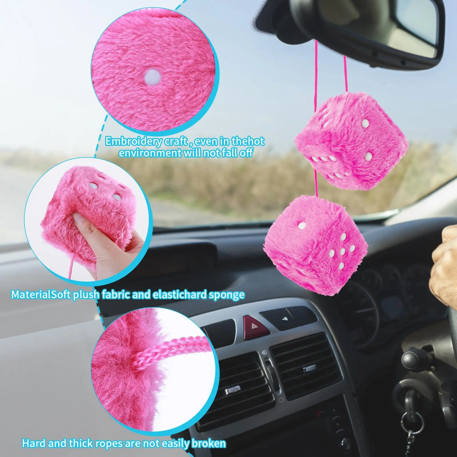 Fuzzy Dice for Car Mirror Pair of 2.7” Retro Square Fuzzy Plush Dice with Dots for Hanging Car Accessories Interior Fluffy