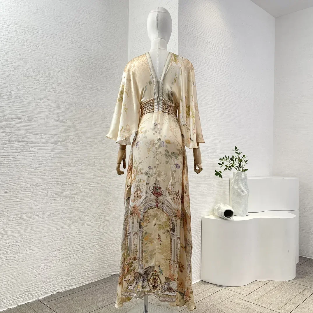 2025 Autumn New Yellow Golden Elegant Sexy Attractive Leoprad Floral Print 3/4 Sleeve V Neck Maxi Dress for Women