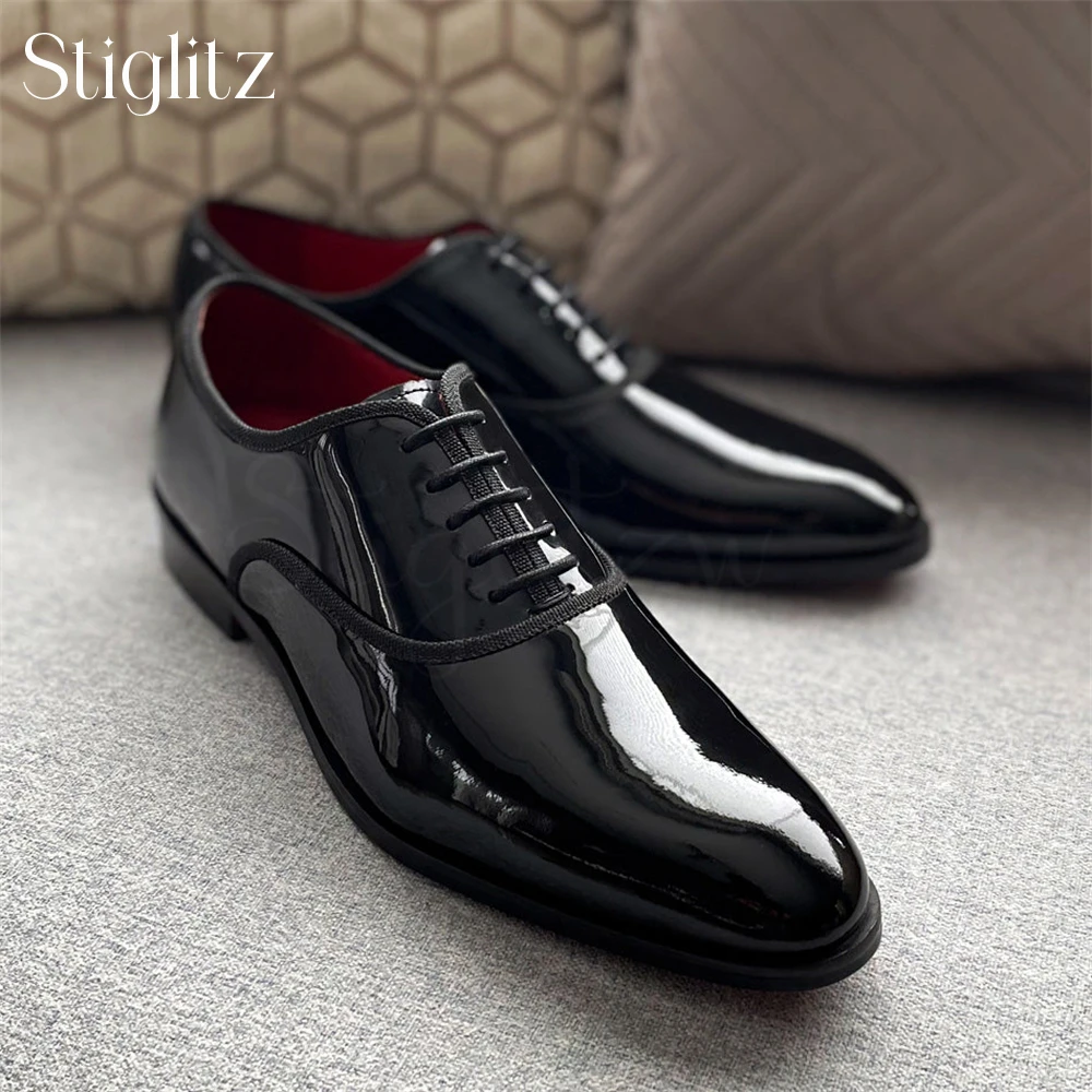 Sleek Closed Lace up Oxford Black Patent Leather Almond Toe Dress Shoes Handmade Exquisite Leather Shoes Banquet Wedding Shoes