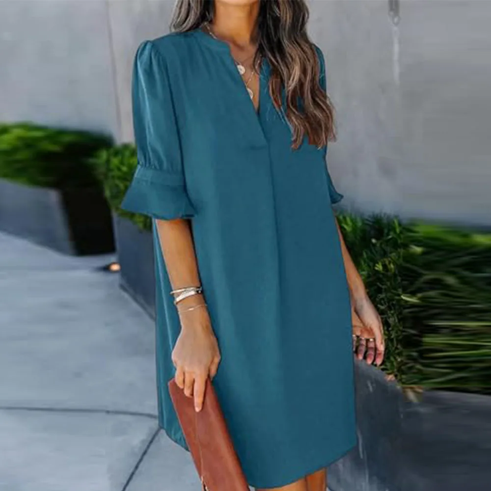 

Customized Exquisite Women's Simple V Neck Short SleevesWkior Shift Dress for Women Solid Color Casual Formal Evening Gowns 2025