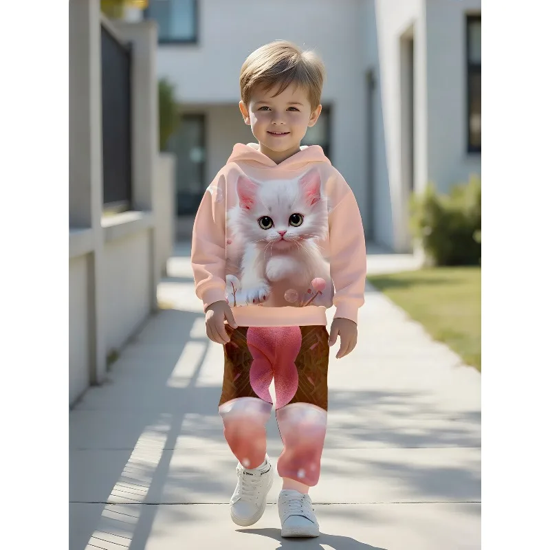Kids Hoodie Jogger: Peach Cat Print, Mama's Girl Tie-dye Graphic, Bow Cake Bear Pattern Kid Tracksuit