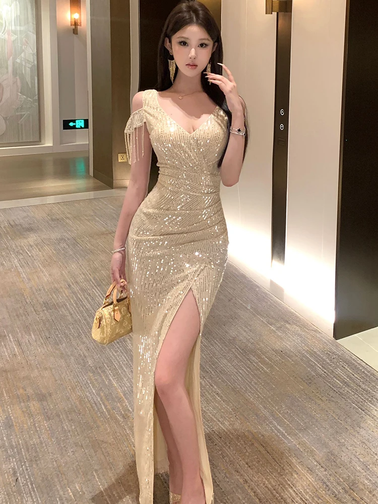 Femmes nouveau gland manches courtes paillettes col en v luxe longue robe été élégant robe moulante 2025 coréen Vintage fête robes