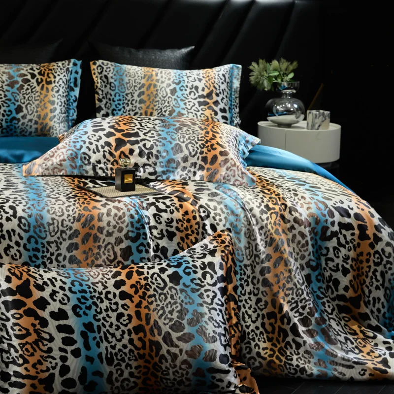 Luxury high-end silk leopard print bedding set soft silk satin Queen king duvet cover sheet or fitted sheet combination set gift