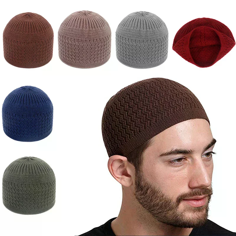 Winter Knitted Muslim Men's Prayer Hat Unisex Breathable Elastic Brimless Hat Islamic Ramadan Jewish Hat Men's Wrap Skullies