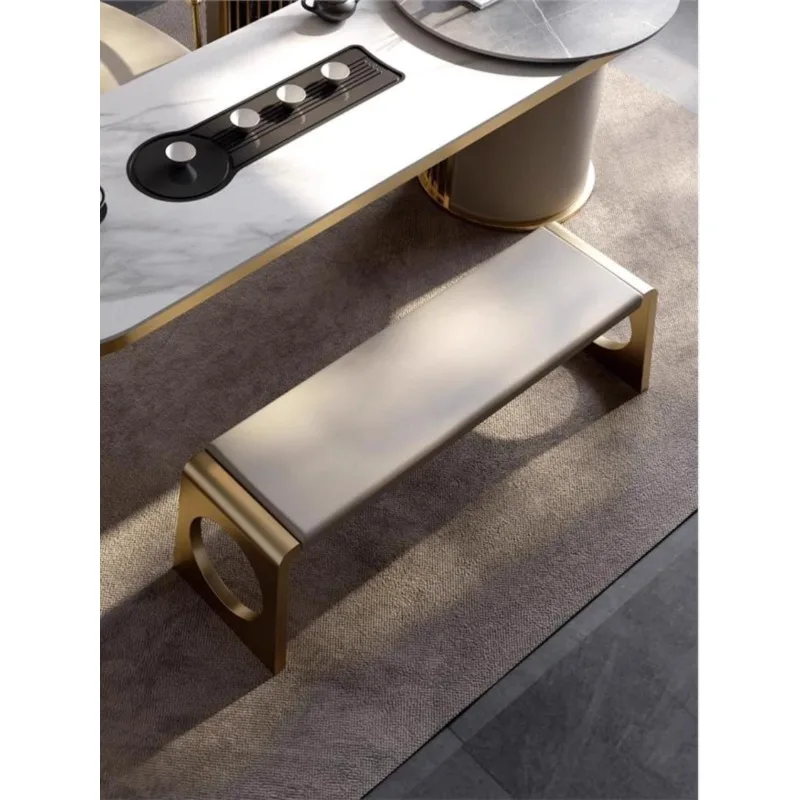 Light Luxury Designer Stainless Steel All Leather Bench Card Seat Soft Bag Bench Tea Table Dining Table Chair Bench Stool