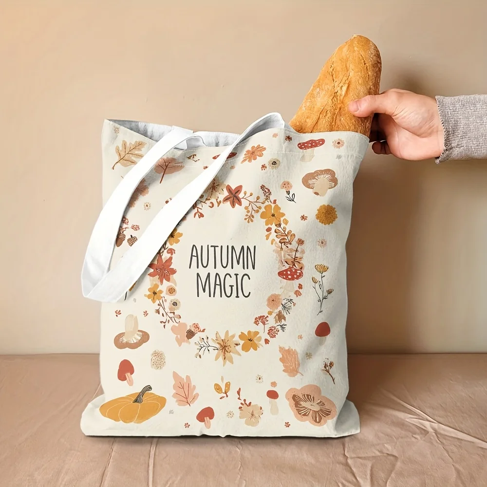 Autumn Magic Canvas Tote Bag Fall Leaf Mushroom Pumpkin Wreath Print Reusable Shopping Shoulder Bag For Women Daily Use