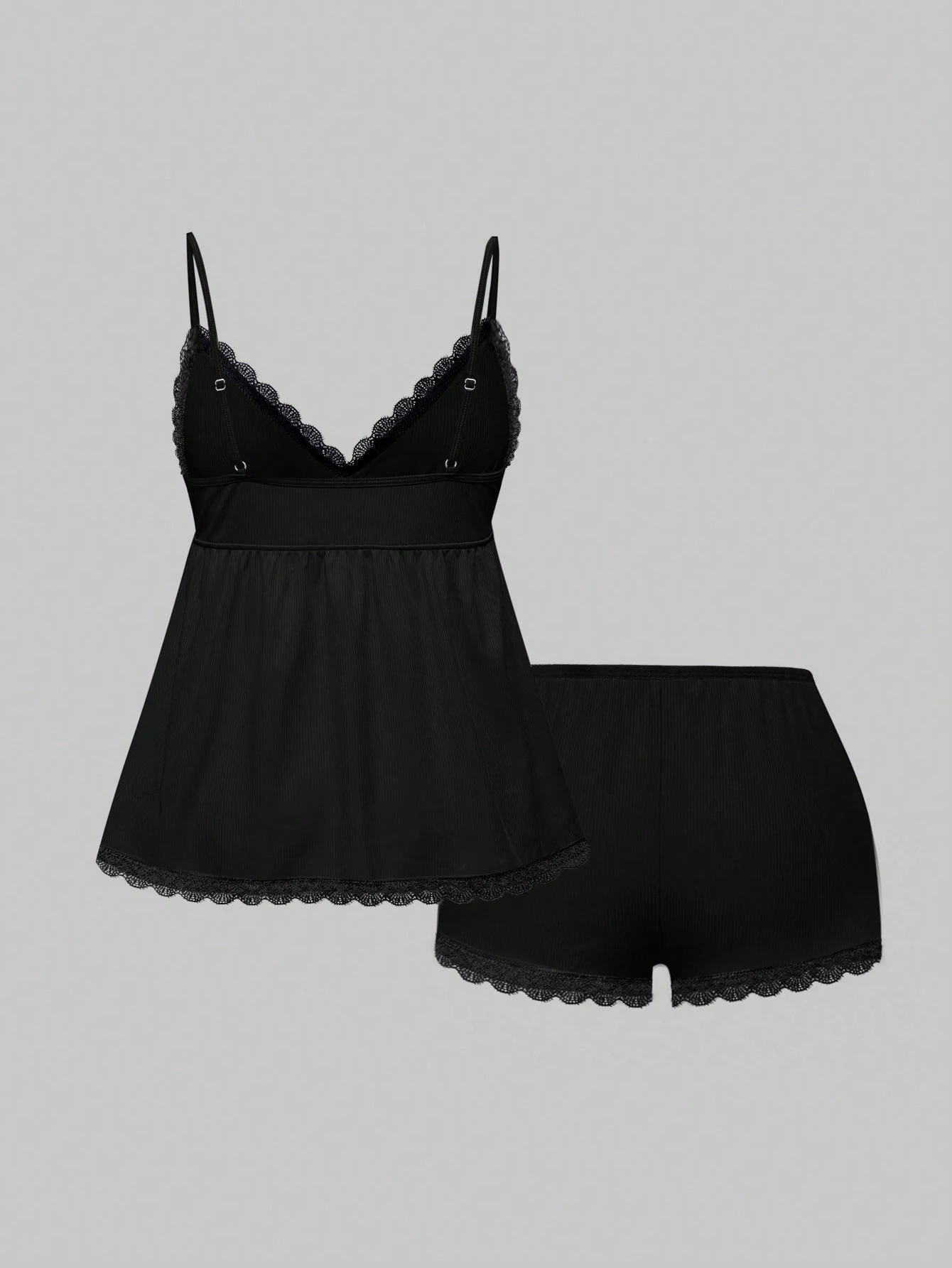 Women's Solid Black Vertical Ribbed Pajama Two-Piece Set, Scalloped Lace V-Neck Adjustable Thin Straps Empire Waist Flared Camis