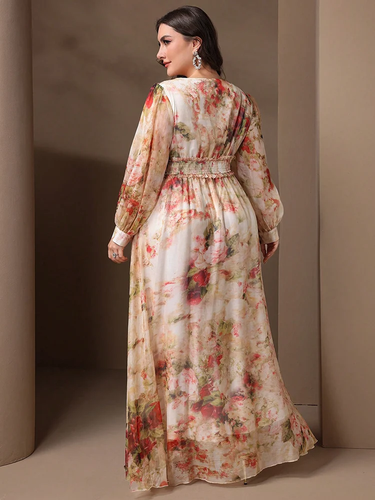 TOLEEN-damska marszczona sukienka maxi z kwiatowym nadrukiem, długi rękaw, plus size, swobodna, formalna impreza, wiosna, lato, nowość, 2024