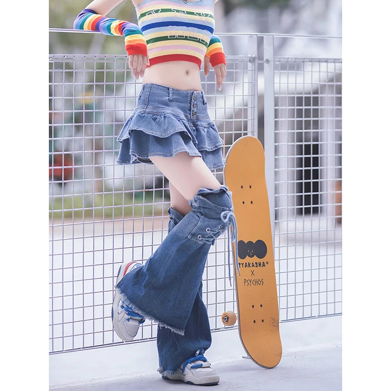 

PBAP Vintage Spliced Raw Edge Denim Leg Warmers Women Bandage Blue Gradient Flare Knee Long Boots Cover Grunge Y2k Streetwear