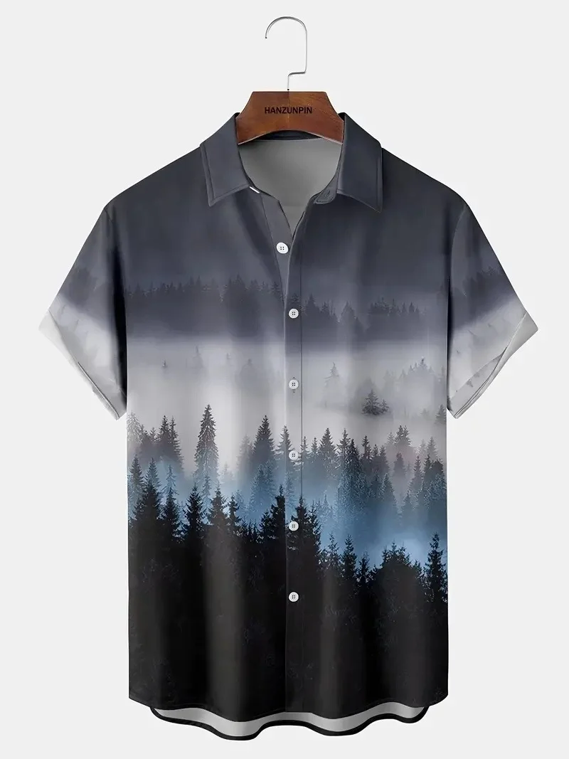 Men's Summer Casual Misty Jungle Print Button Down Shirt Men's Short-sleeved Button Down Shirt Fashion Mens Summer T-shirt Shirt