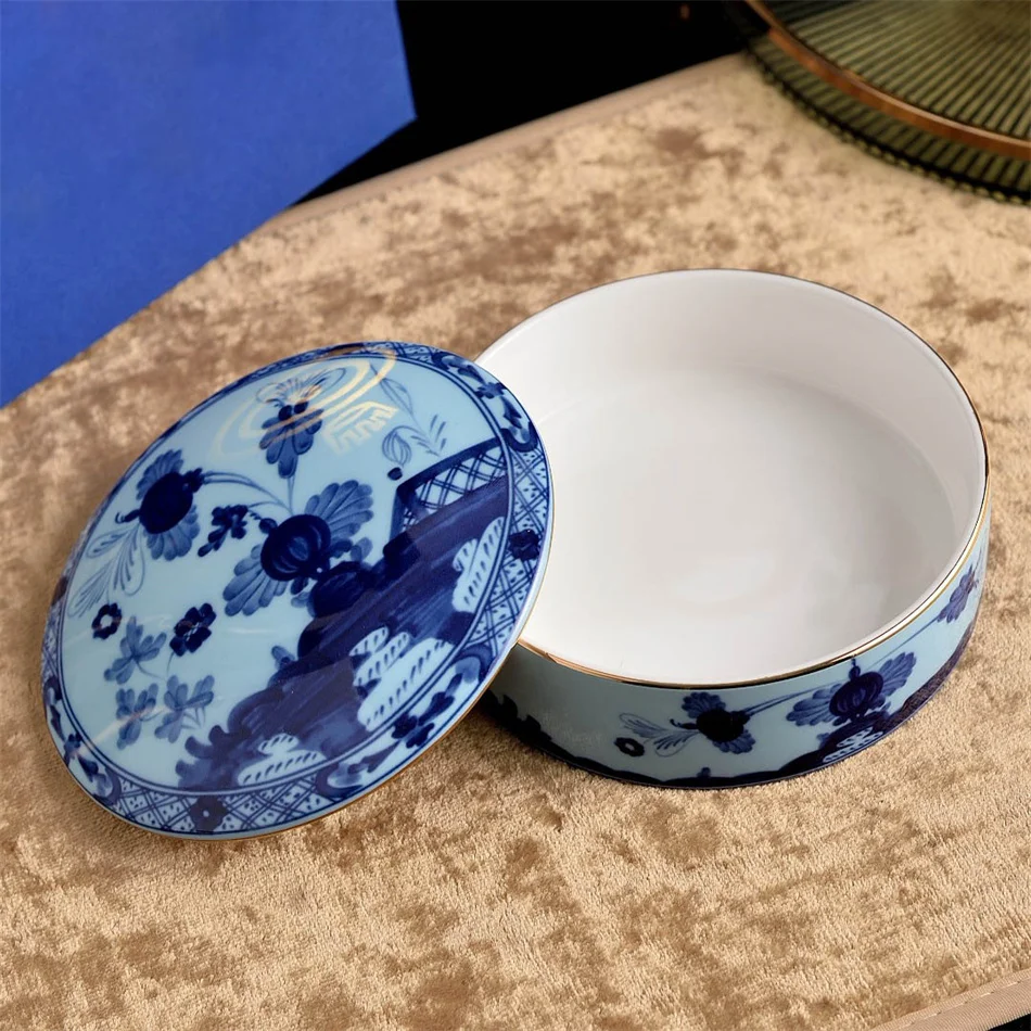 Oriental Series Ceramic Jewelry Box Round Lidded Trinket Organizer Tabletop Decor Storage for Bedroom Entryway Desktop Ornament