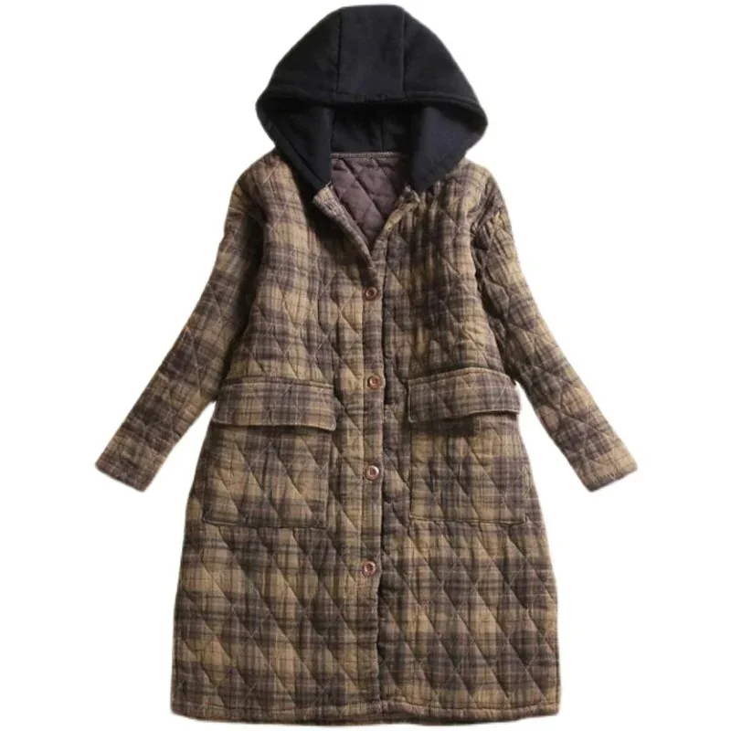 Retro Plaid Cotton Jaet Women's Winter Outerwear Loose Plus Size Hooded Cotton Coat Mid-Length Thiened Korean Sle