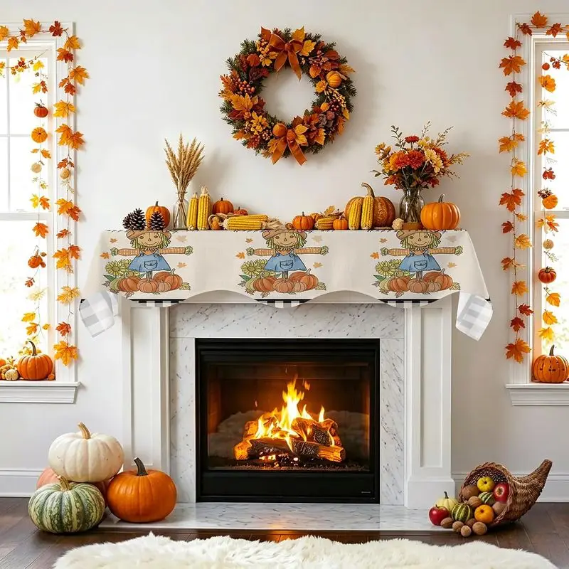VIKAMA Thanksgiving Fireplace Mantel Scarf Scarecrow Pumpkin Maple Leaf Mantel Runner Autumn Harvest Home Decor