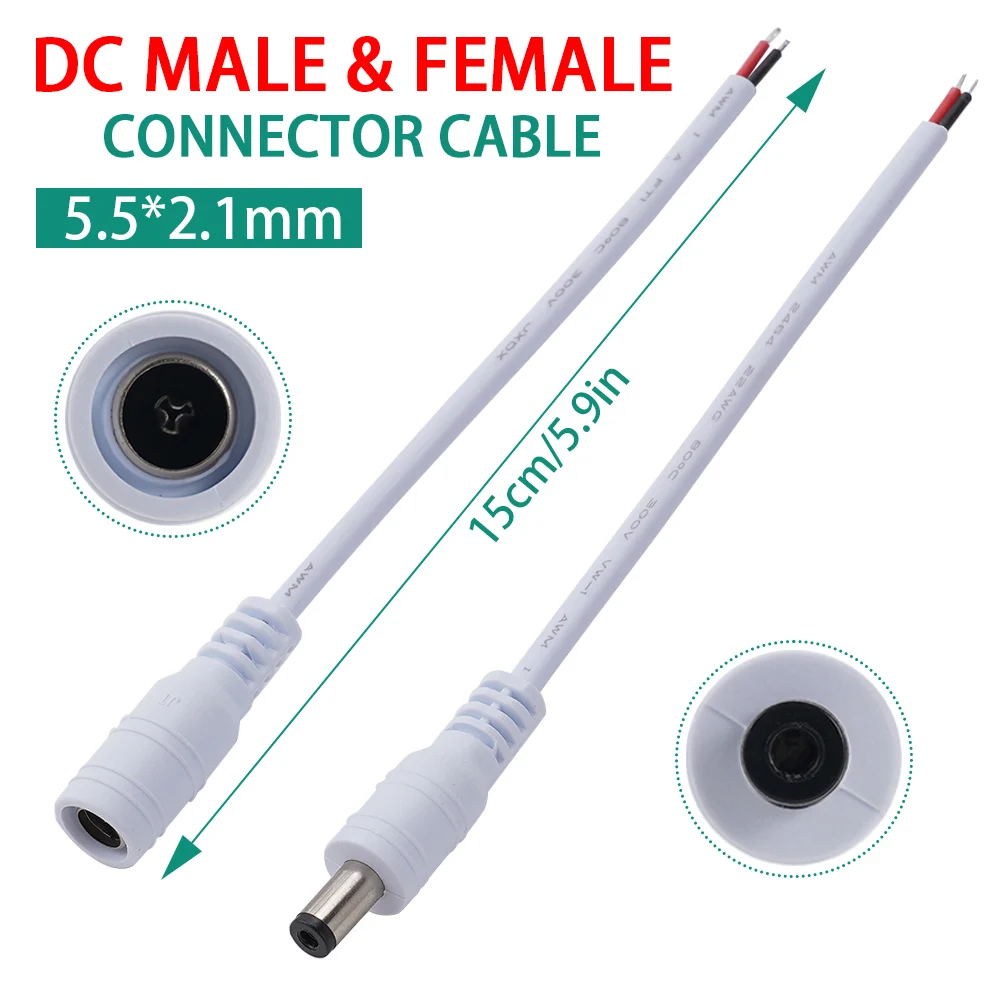 5/10szt DC 5.5x2.1mm Kabel męski i żeński Biały 12V DC Wtyczka zasilania Jack Pigtail Kabel Złącze Adapter do taśmy LED