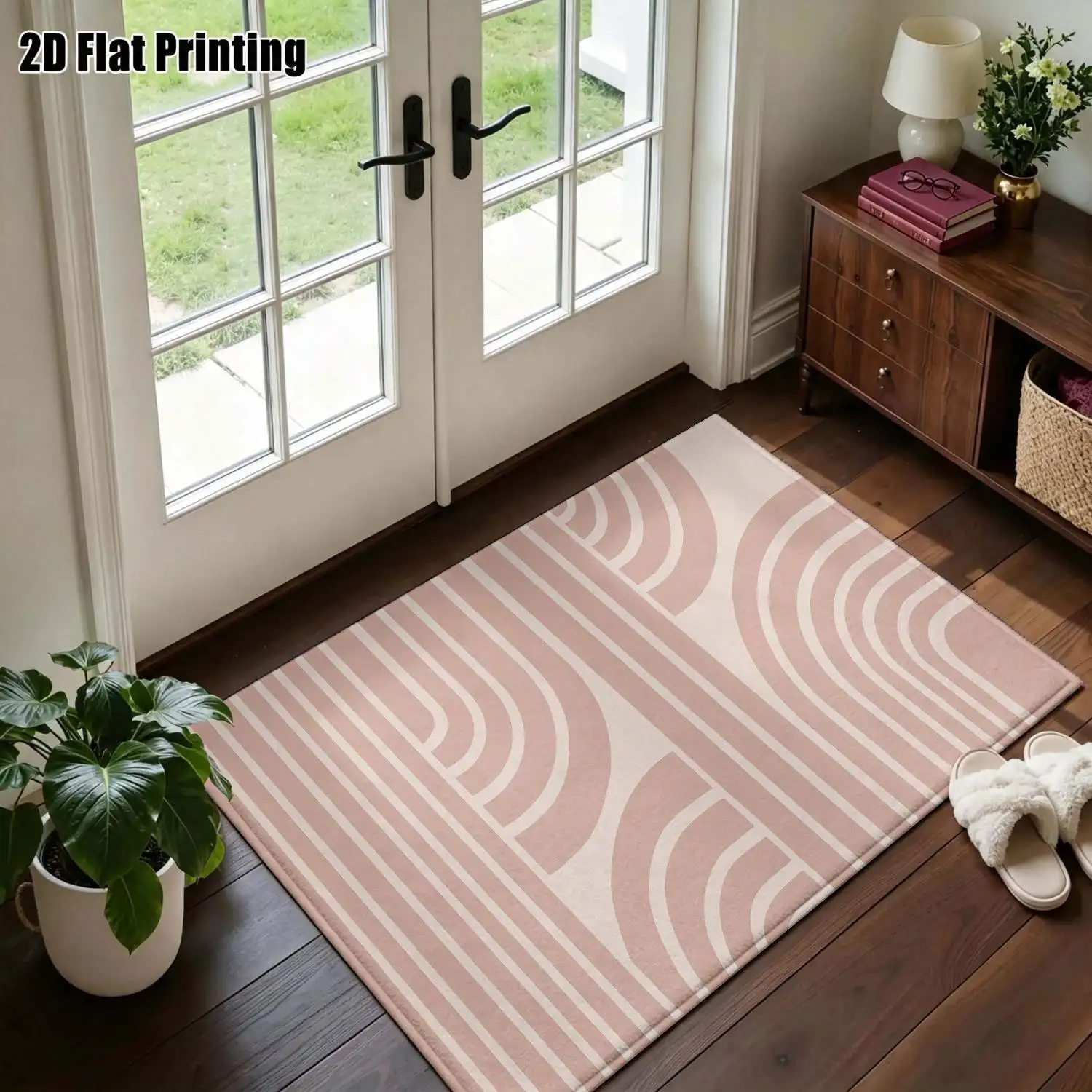 1Pc 2D Printed Pink Geometric Stripe Nordic/Instagram Style Minimalist Carpet, Machine Washable, Multi-Size, Suitable for Home Decor, Door Mats, Dining Room, Foyer, Bedroom, Living Room