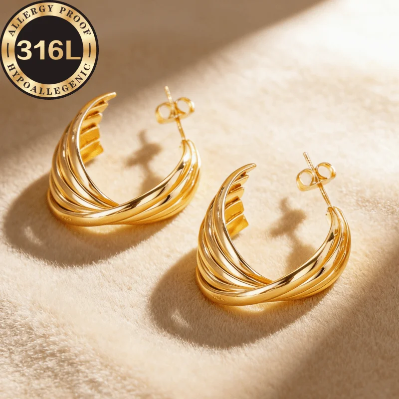 316L stainless steel hypoallergenic Golden earrings, hemisphere five-wire cross-stitch, gold and silver, anti-fading