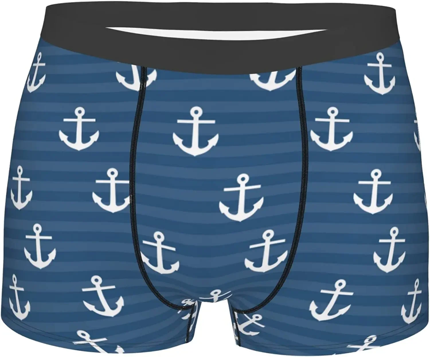 Blue Striped Boat Anchor Men's Boxer Briefs Trunks Soft Breathable Stretch Wide Waistband Underwear with Bulge Pouch for Boys