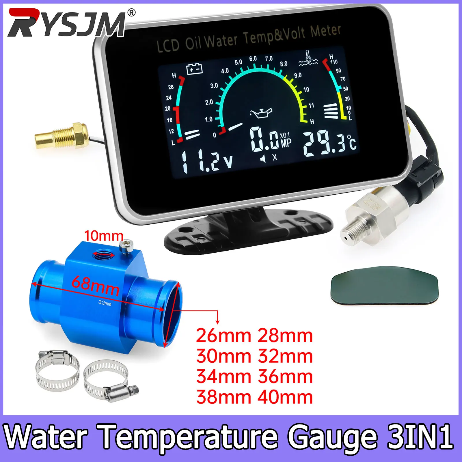 3 In 1 LCD Automobile Digital Water Temperature Gauge Oil Pressure Gauge Voltmeter Water Temperature Sensor Adapter for Car