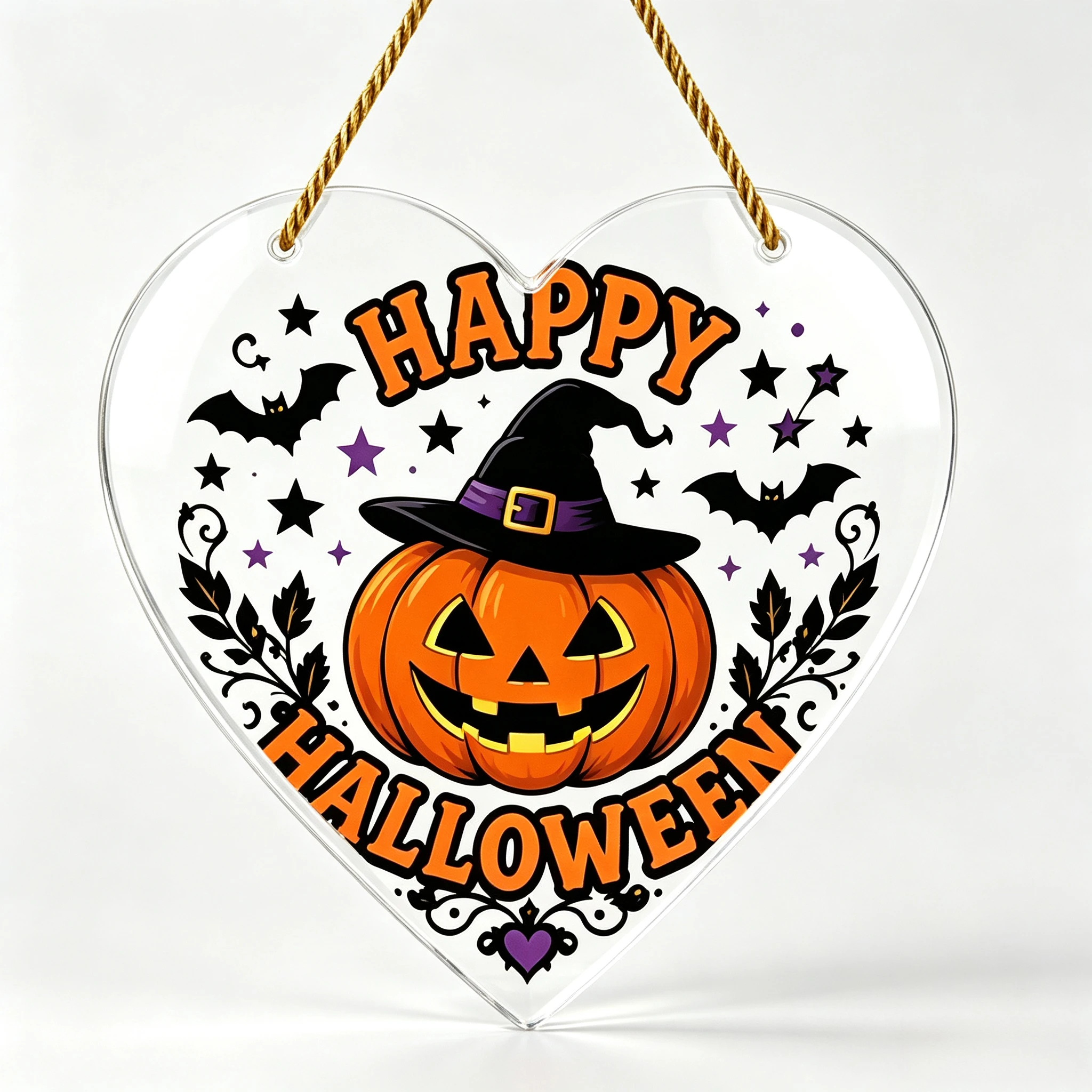Happy Halloween Heart‑Shaped Acrylic Hanging Sign,Bat Star Spooky Porch Ornament