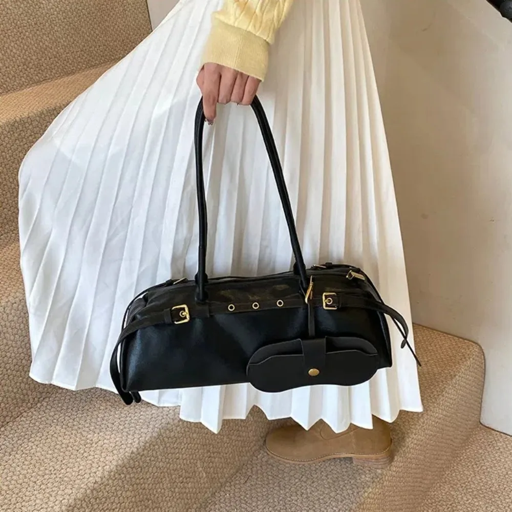 

Retro PU Leather Underarm Bag Solid Color Large Capacity Tote Bag Belt Buckle Shoulder Bag Winter