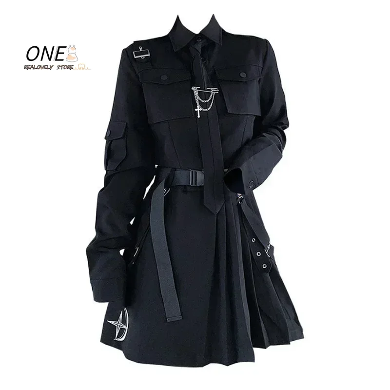 Women Two-Piece Skirt Spring Oversize 4XL Black Punk Chain Ribbon Skirts Ladies Suit Female Dress Sets Harajuku Streetwear