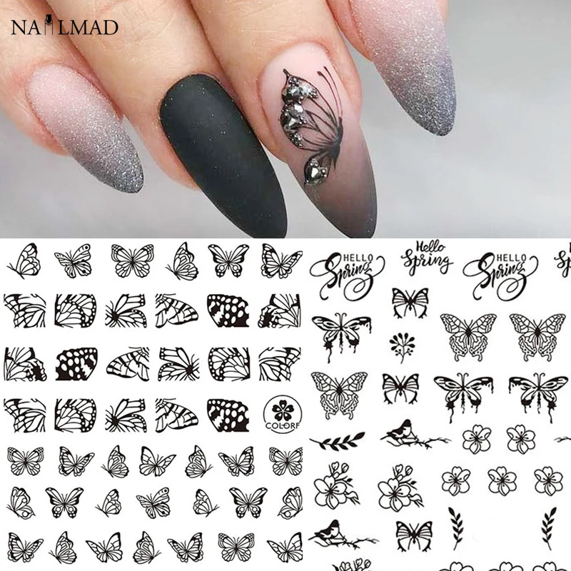 1pc Black Butterfly Nail Sticker Decals 3D Stickers Flying Bee Flower Sliders for Nail Art Manicure Design Accessories