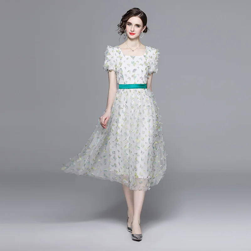 E Vestido de Malla con Mariposas 3D de Ensueño, Cuello Cuad, Estilo de Princesa de Cuento de Hadas, Falda Larga co...