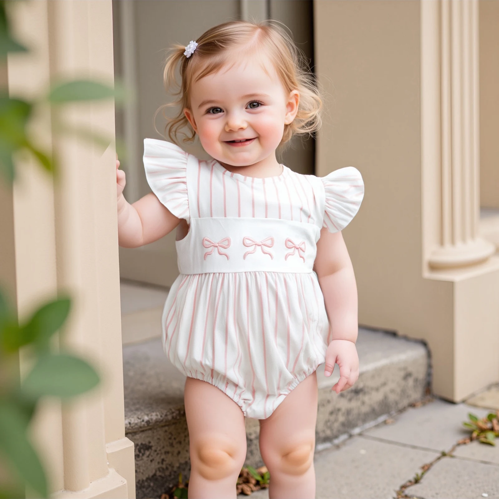 

Baby Clothing Girls Rompers Bow Embroidery Stripe Round Neck Fly Sleeve Infant Jumpsuits For Newborn Clothes