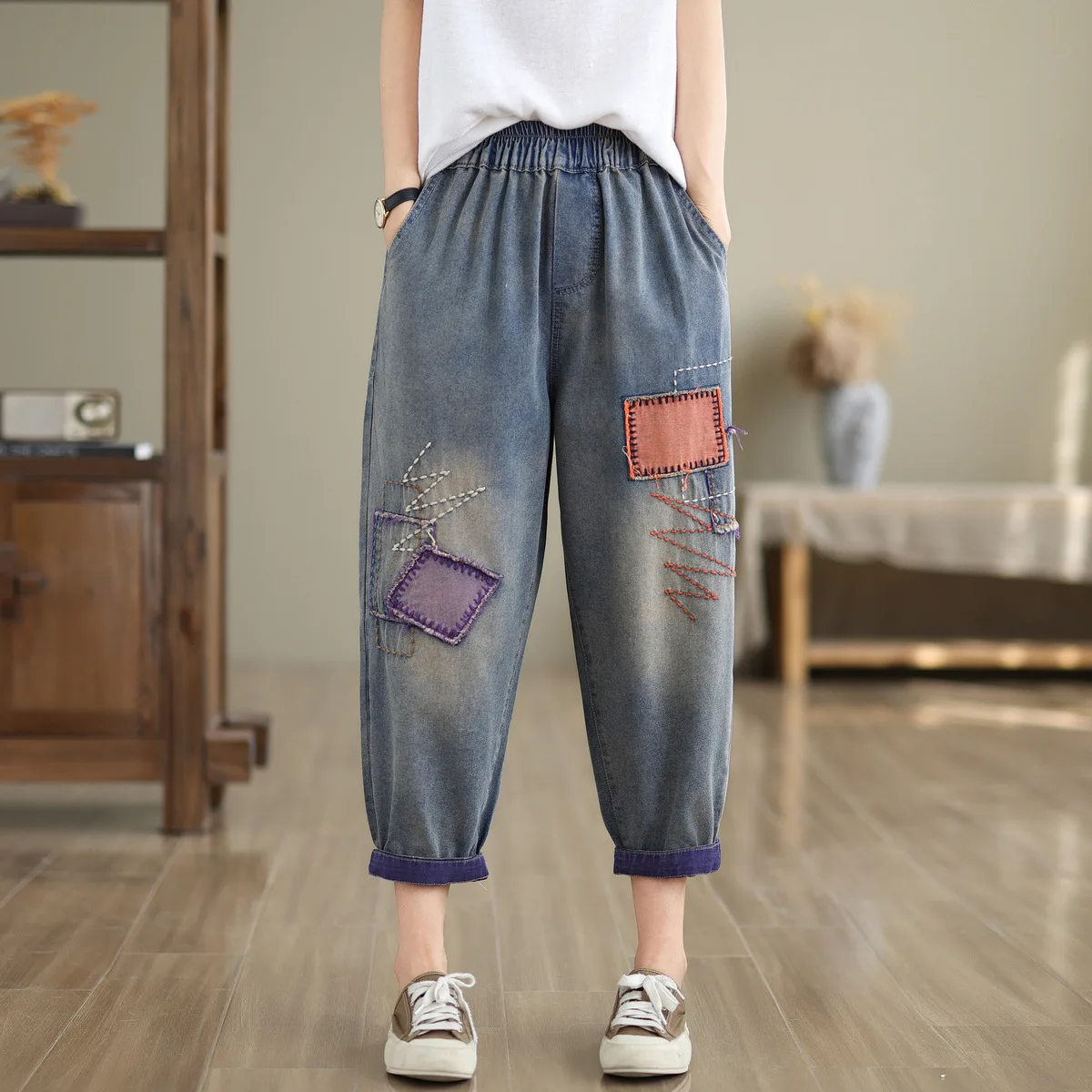 Aricaca High Quality Women Loose Patches Embroidered Jeans High Waist Casual Loose Jeans Long Pants