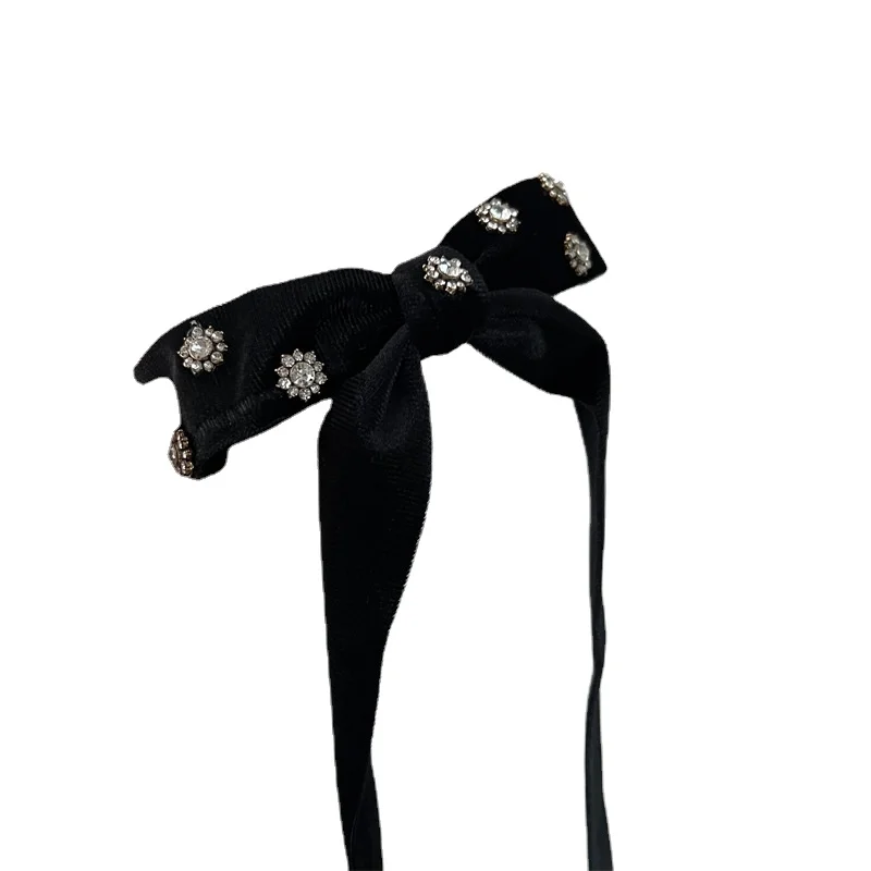 Korean elegant black rhinestone velvet big bow top clip back head hairpin spring clip female