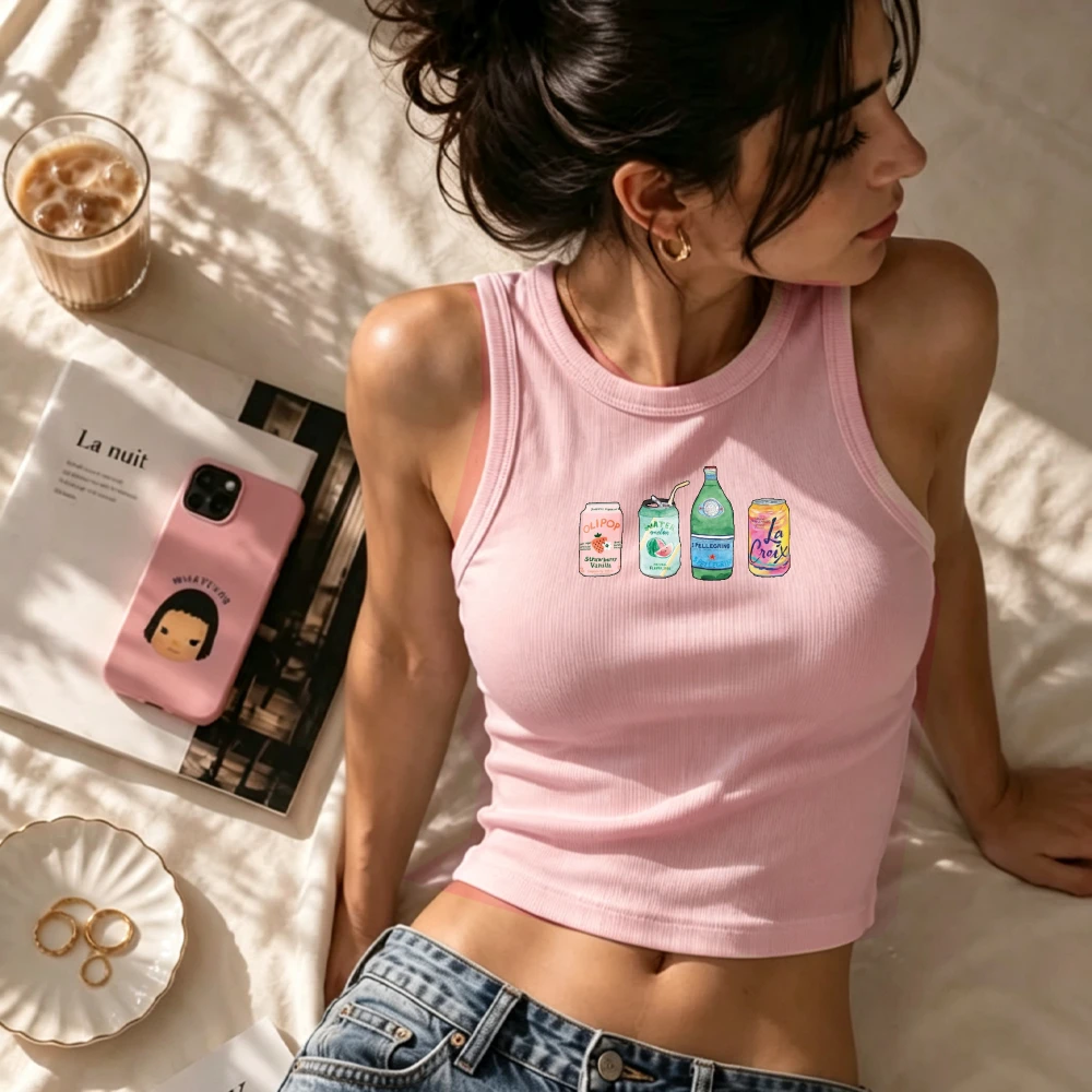 Assorted Color Drink Cans and Bottle Graphic Y2K Camisole Ribbed Tank Tops Slim Crop Top Sleeveless High Neck Cropped Cami Vest