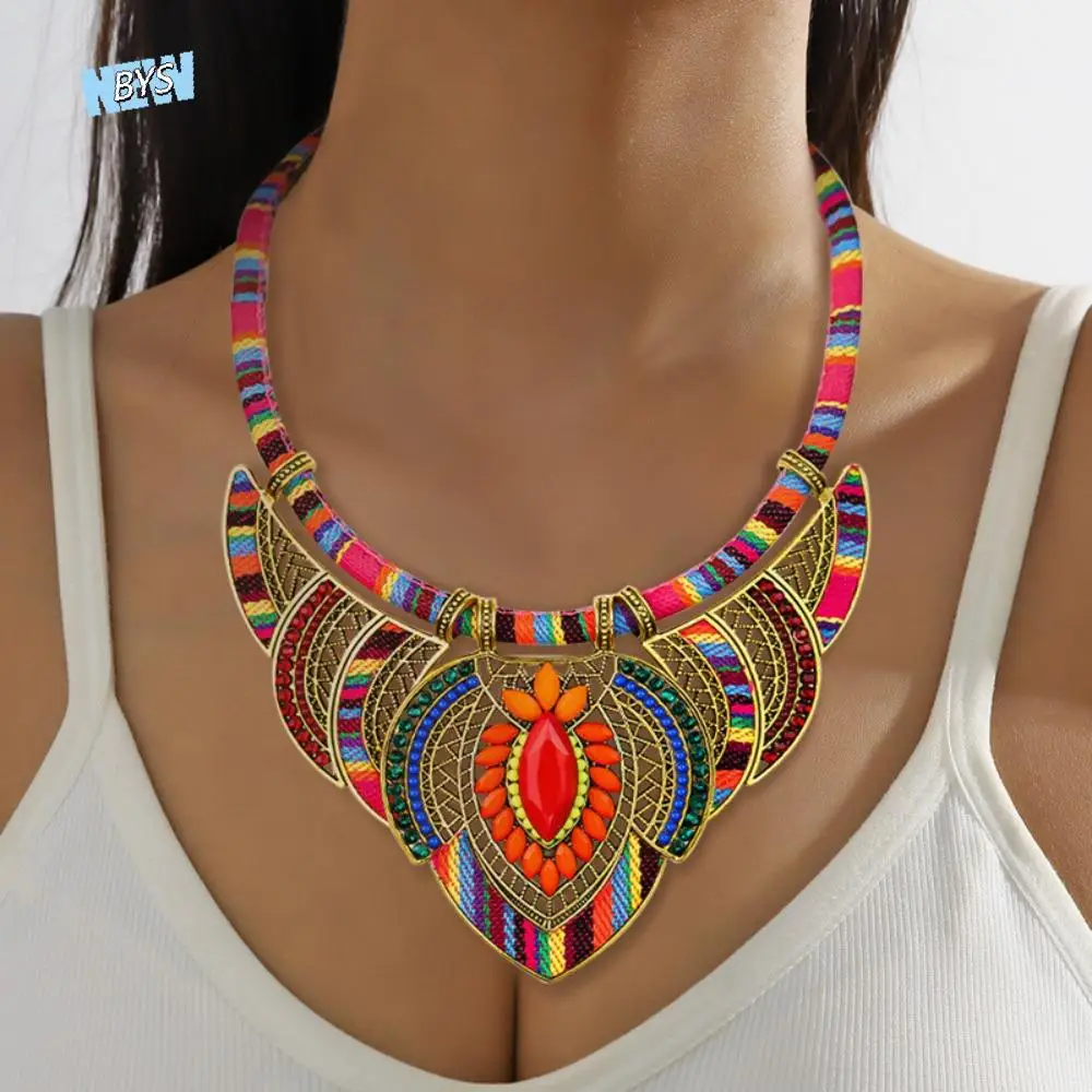 

3Pcs/Set Ethnic Style Bohemian Necklace Braided Rope Retro Indian Choker Large Size Colorful Leisure Necklace Ladies