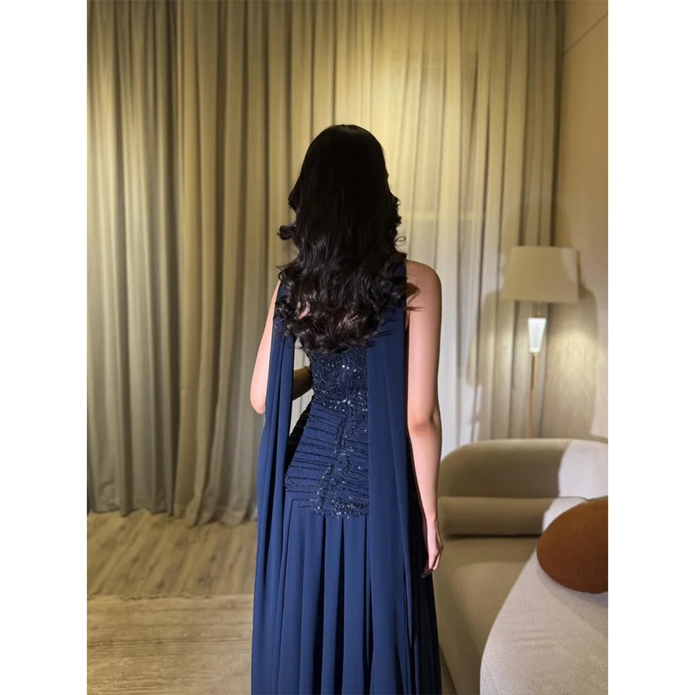 Navy Long Prom Dress Customized Sequined Jersey Strapless Evening Gowns with Scarf Pleated Chiffon A Line Formal Party Dresses