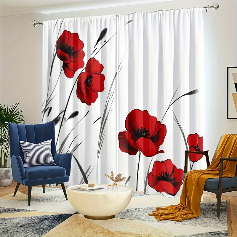 Decorative Floral Poppy Curtains Set 2pcs Red and Black Modern Print Drapes for Living Room Bedroom Home Window Decor Curtain