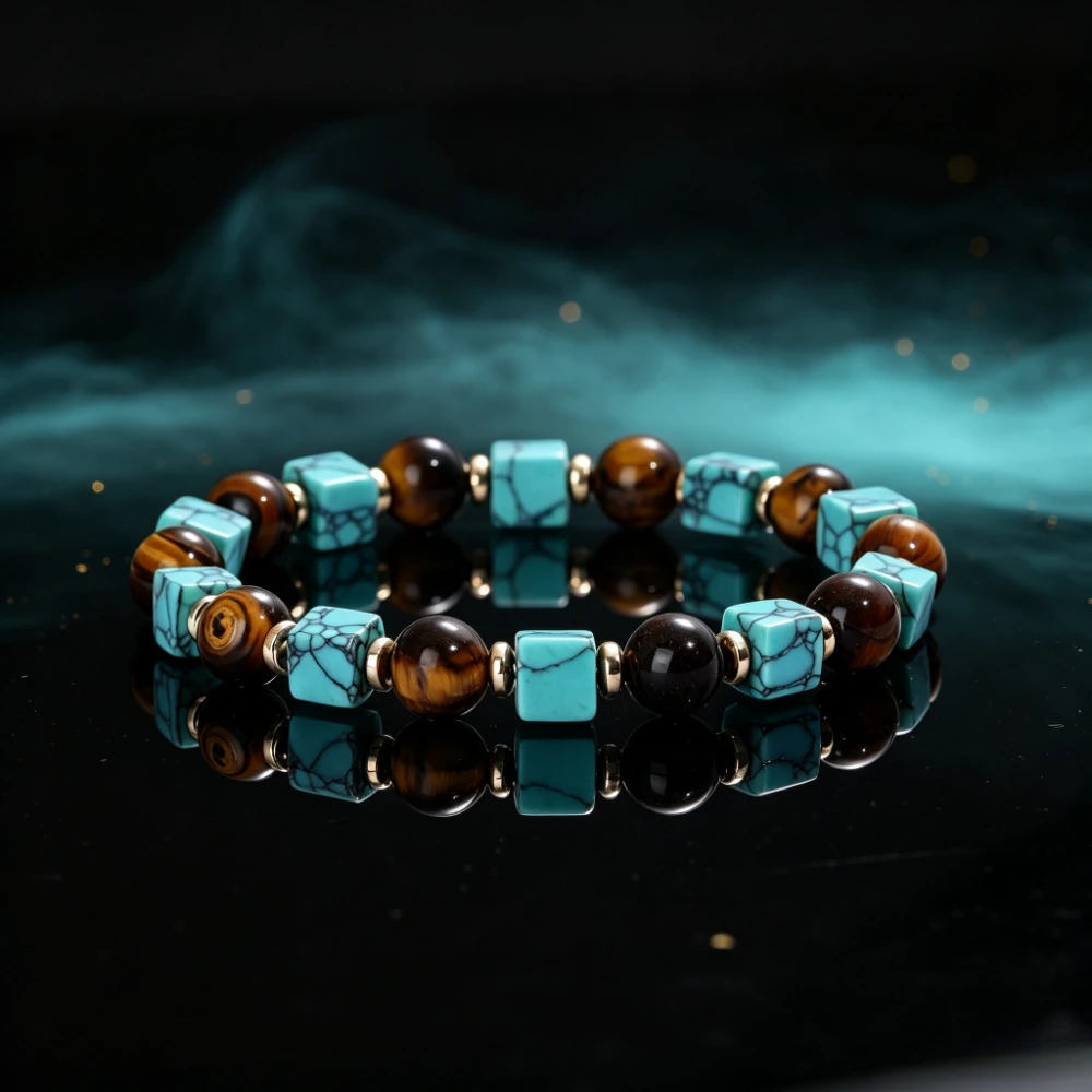 1pc Retro style tiger eye stone turquoise block bead bracelet, symbolizing seizing career opportunities, unisex bracelet